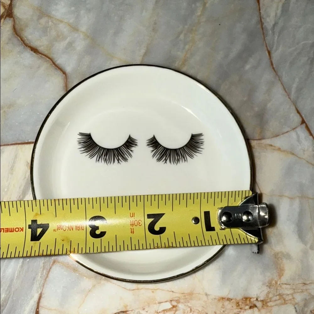 White Ceramic Eyelash Trinket Dish Gold Rim Jewelry Tray Round 4 Inch